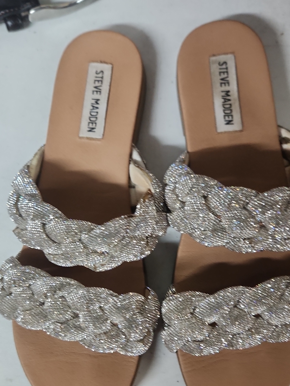 Steve Madden Sparkle Braided Slide Sandals in Silver/Tan